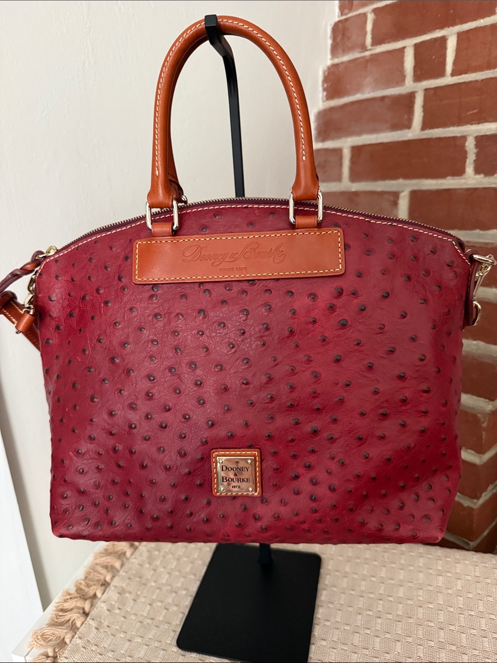 Dooney & Bourke Red Ostrich-Embossed Satchel with Brown Leather Trim